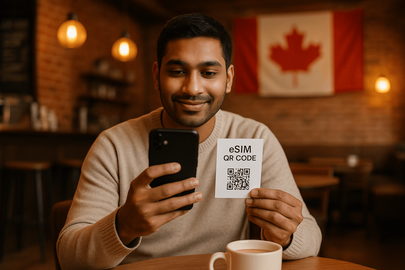 Newcomer sitting in a Canadian coffee shop scanning an eSIM QR
