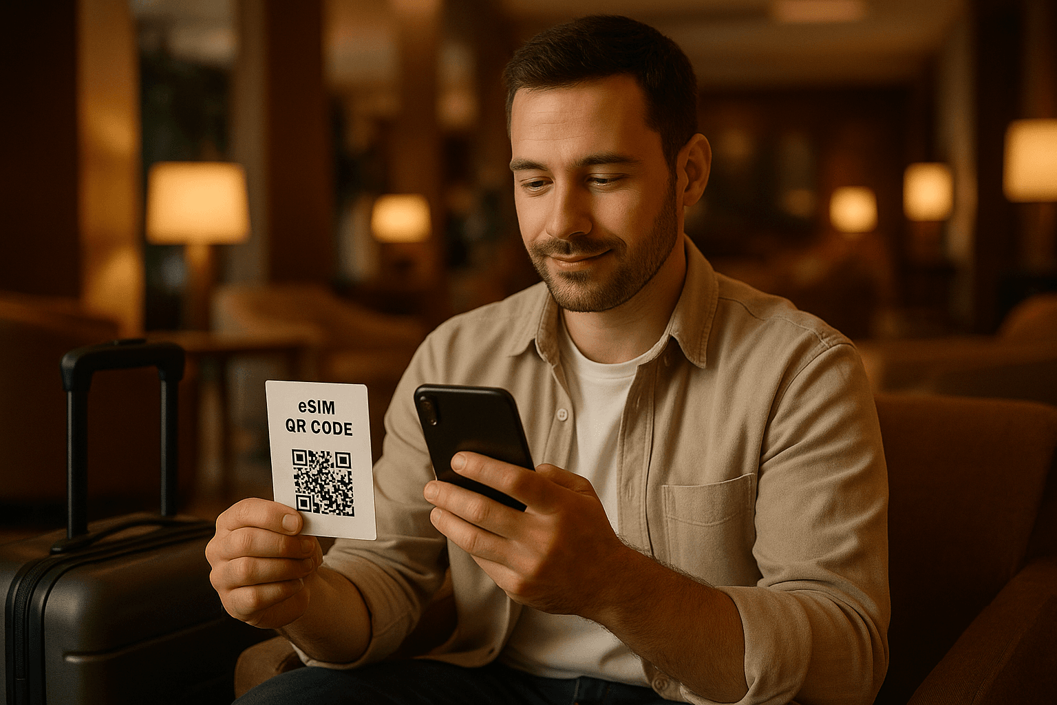 Traveler sitting in a hotel lobby scanning an eSIM QR code on a smartphone