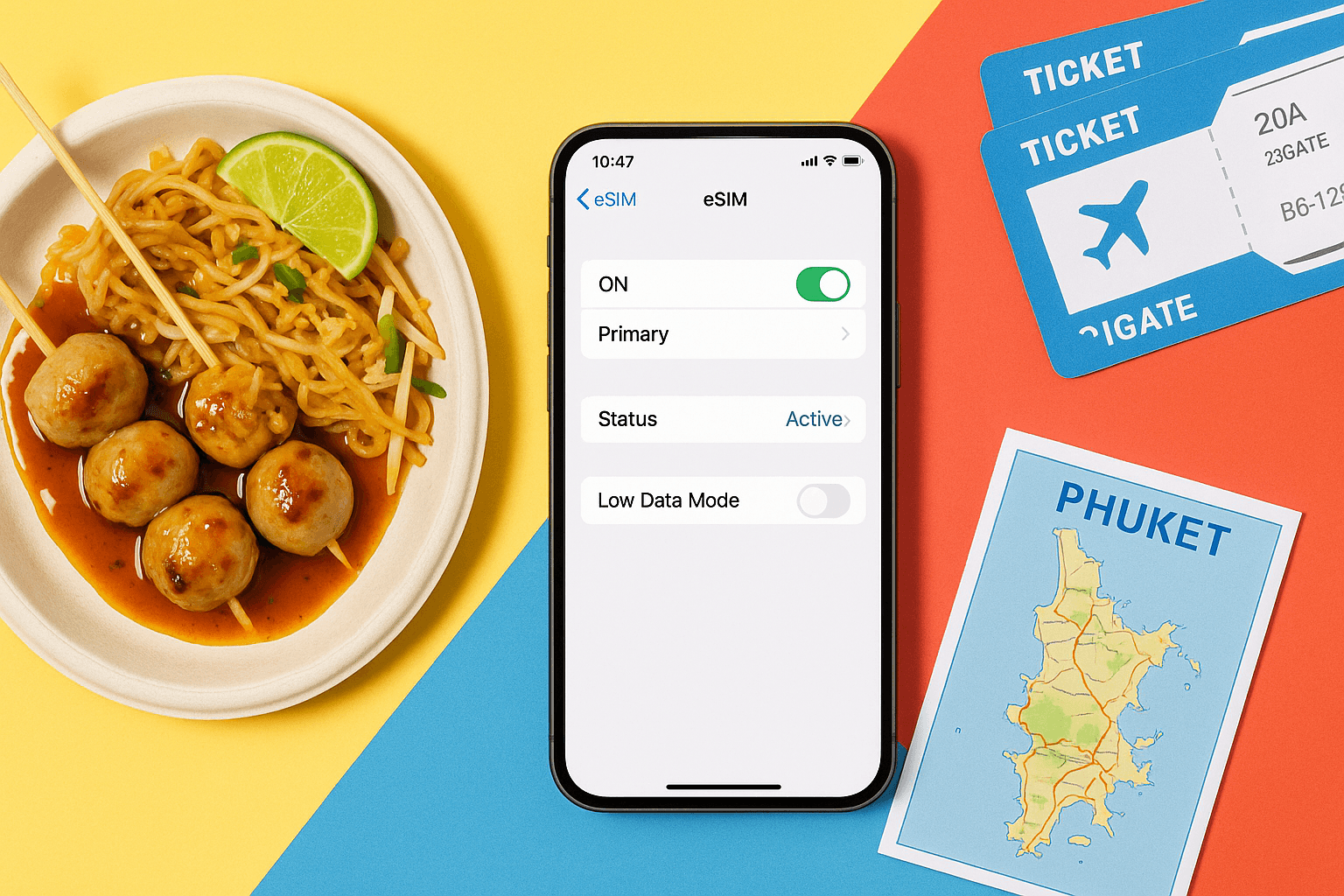 Image prompt: A flat-lay photo of a smartphone showing eSIM settings next to Thai street food, travel tickets, and a small map of Phuket, bright colors and clean tutorial-style layout.