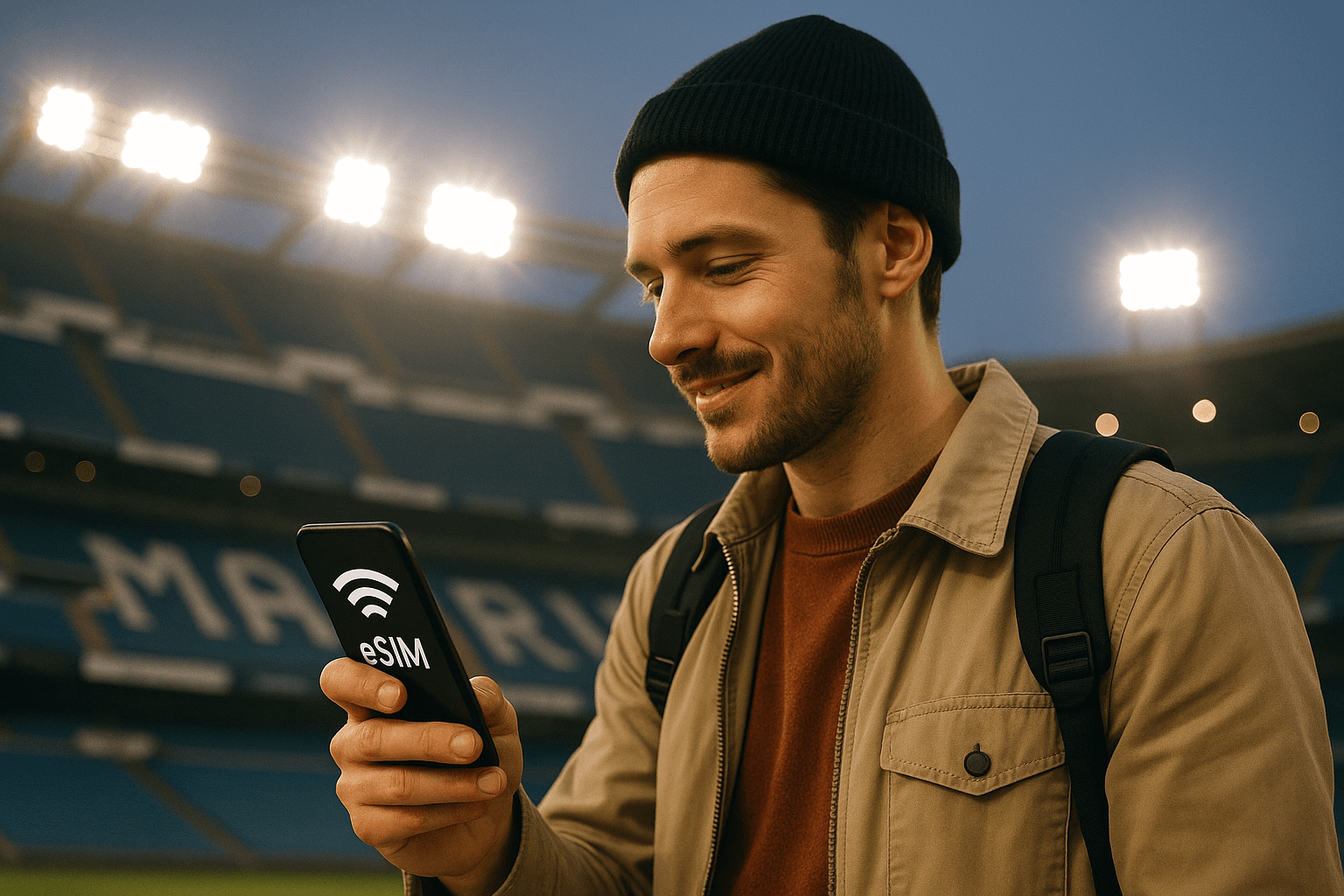 Traveler using smartphone with stadium lights in the background, showing seamless mobile data connection via eSIM while exploring Madrid — modern editorial lifestyle image
