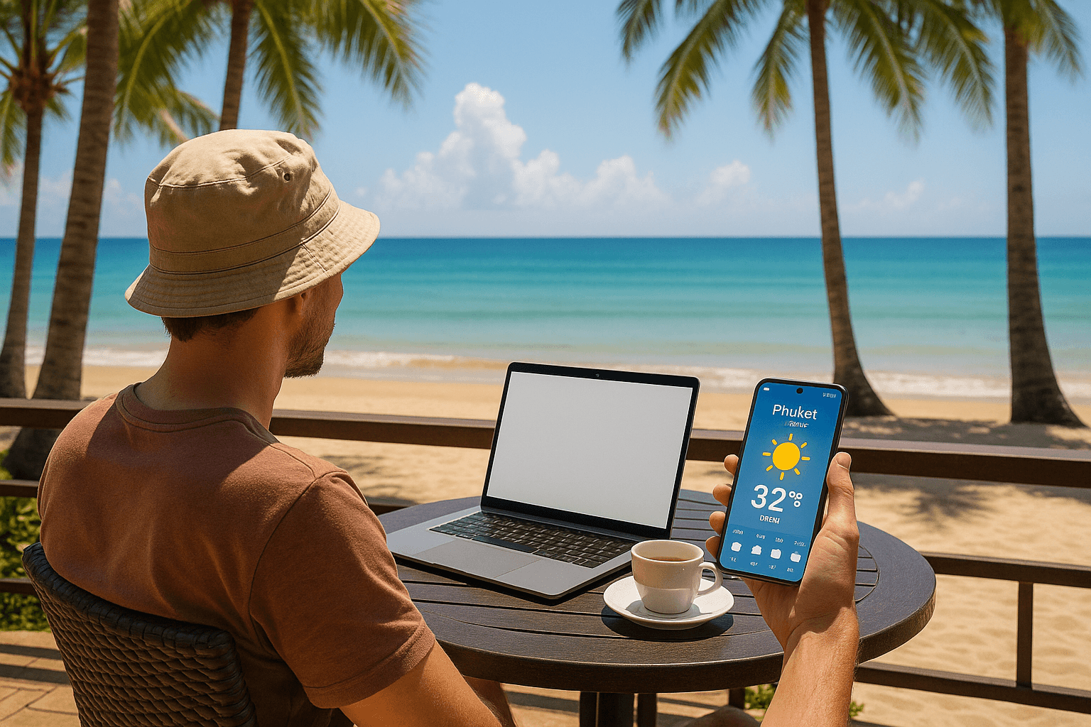 Digital nomad sitting by a beach café in Phuket, laptop open and phone showing Thailand’s weather forecast — calm, sunny scene showing connectivity freedom through eSIM