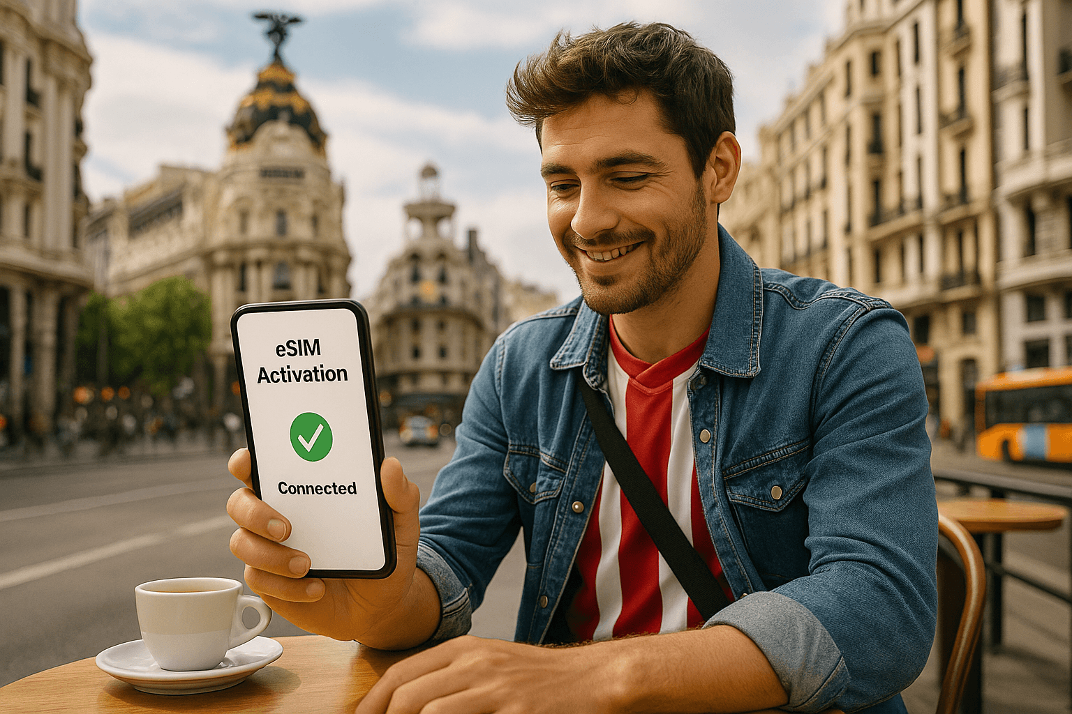 Football traveler in Madrid’s Gran Vía café checking eSIM activation on smartphone — relaxed lifestyle image showing connected experience for sports fans