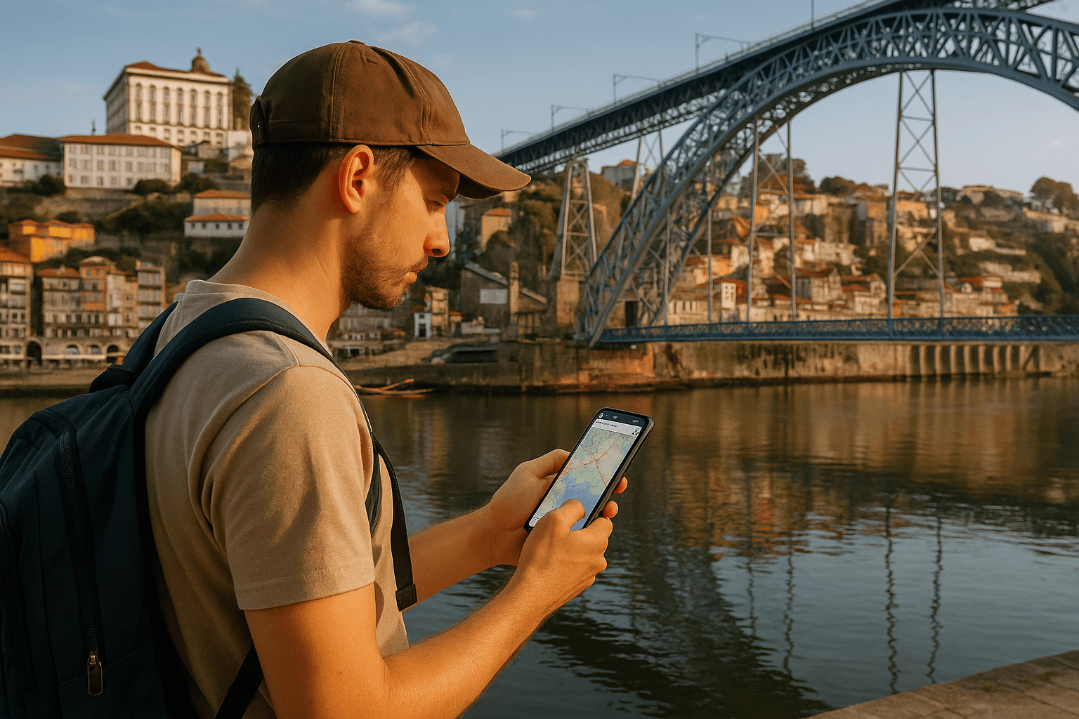 Traveler with smartphone near Dom Luís I Bridge in Porto, Portugal — checking maps with bright city views and river reflections for a travel eSIM guide