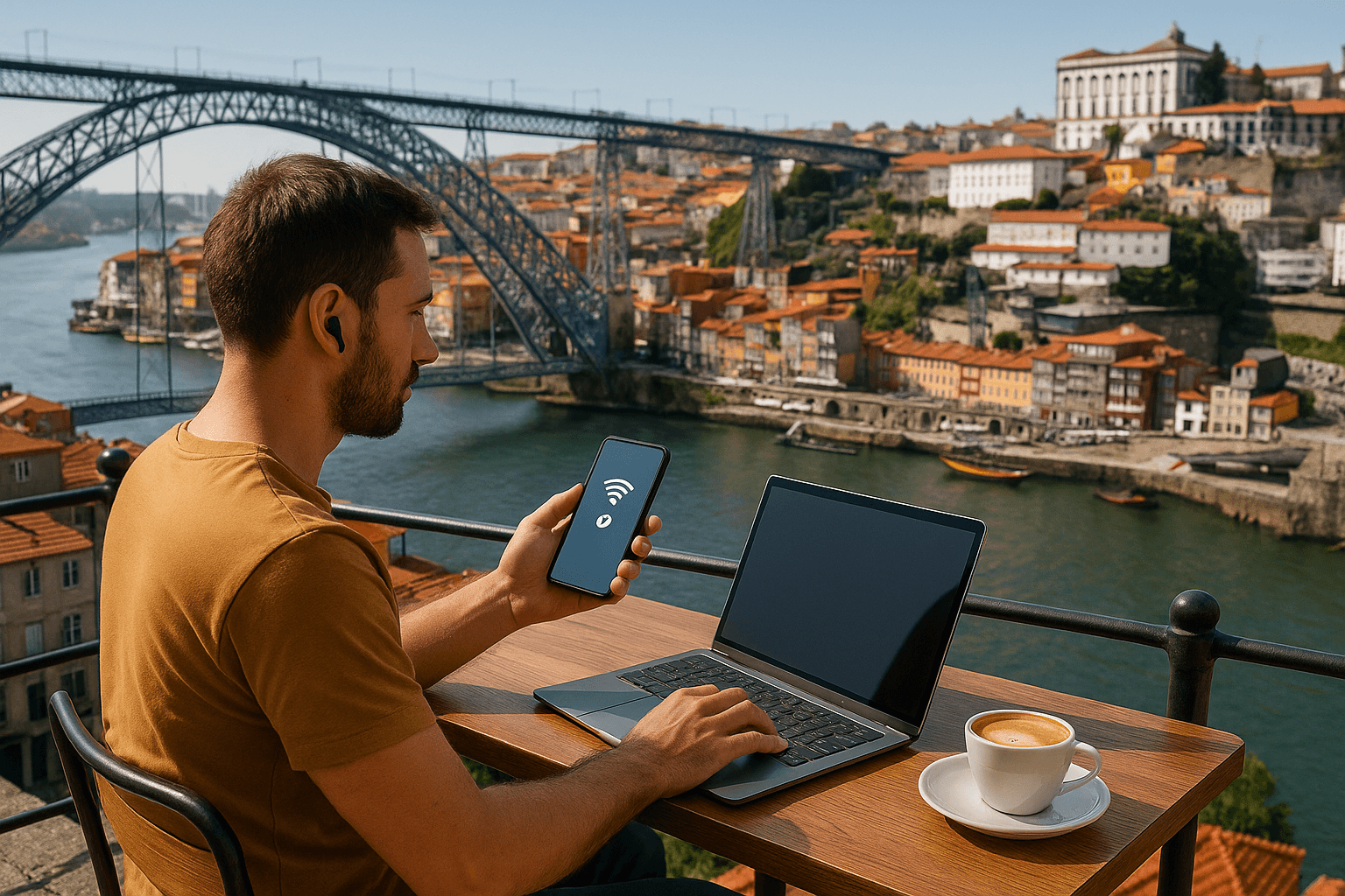 Digital nomad using a laptop and smartphone at a café overlooking Porto’s Ribeira district — showing smooth connectivity via eSIM for remote work and travel