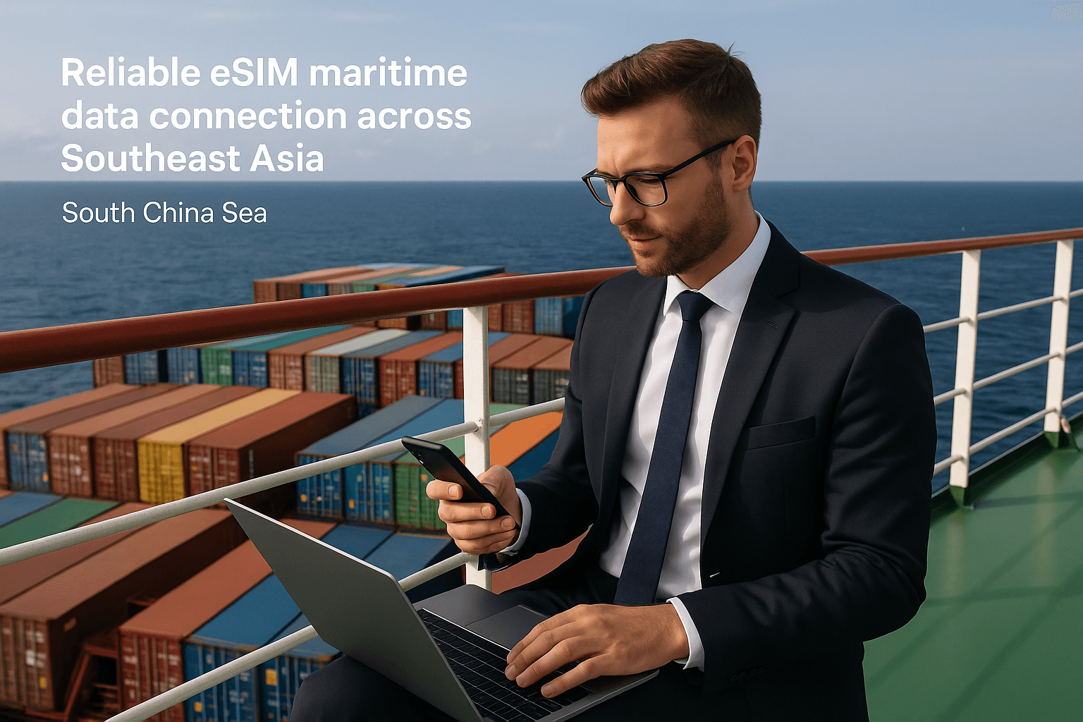 Business traveler using a laptop and smartphone on a cargo ship deck in the South China Sea — showing reliable eSIM maritime data connection across Southeast Asia