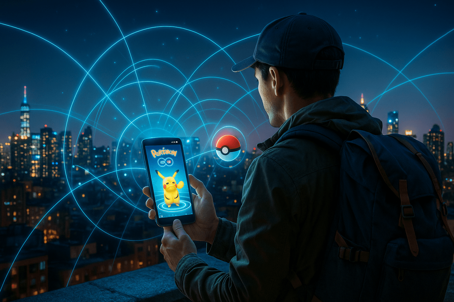 Traveler on a rooftop with skyline lights, playing Pokémon Go on a smartphone with glowing AR elements — visual showing strong data and gaming connectivity