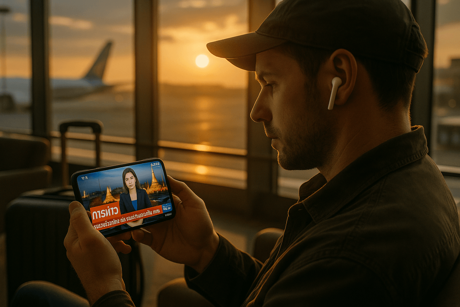 Traveler watching Thai news on a smartphone at an airport lounge — cinematic lighting and travel atmosphere showing reliable streaming via eSIM