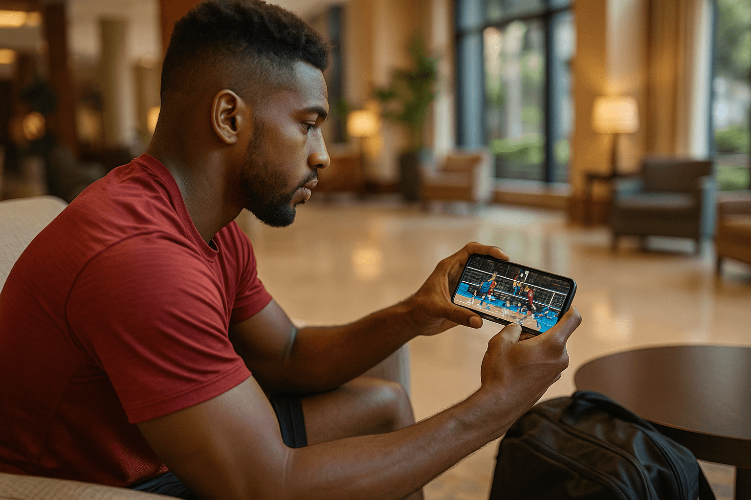 Athlete sitting in a hotel lobby streaming volleyball highlights on a smartphone with a stable eSIM connection — dynamic travel and sports image with focus on global data use