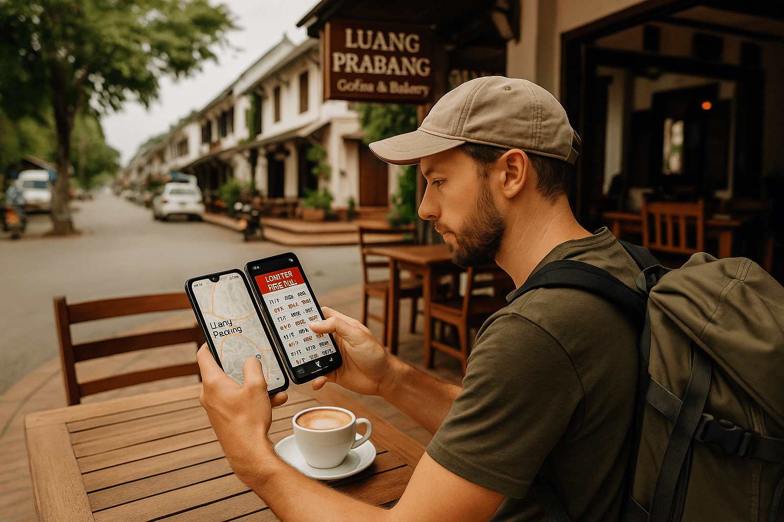 Traveler sitting at a café in Luang Prabang using a smartphone to check maps and lottery results — modern travel scene emphasizing digital convenience through eSIM