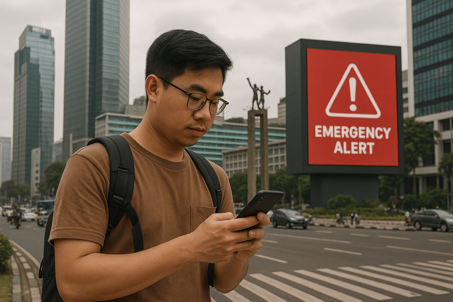 Traveler checking phone during an alert in Jakarta city center, highlighting how eSIM connectivity provides real-time safety and communication during emergencies