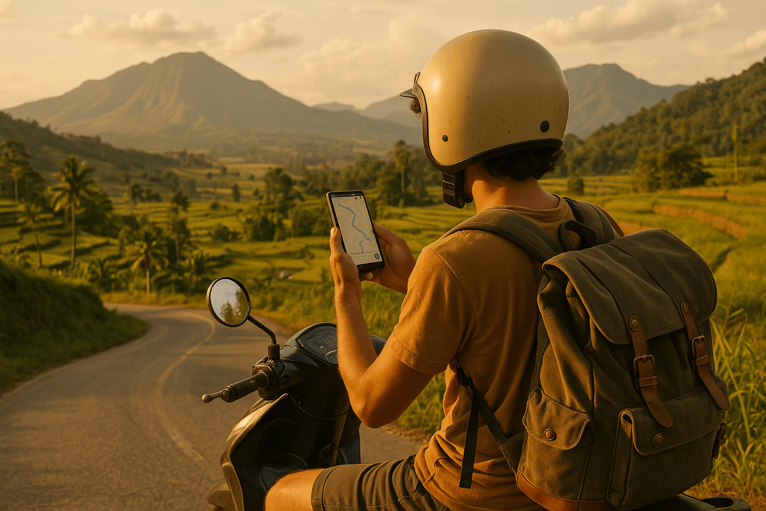 Traveler on a scooter in rural Sumatra using a smartphone with eSIM data to navigate mountain roads — warm daylight setting symbolizing safe exploration through connectivity