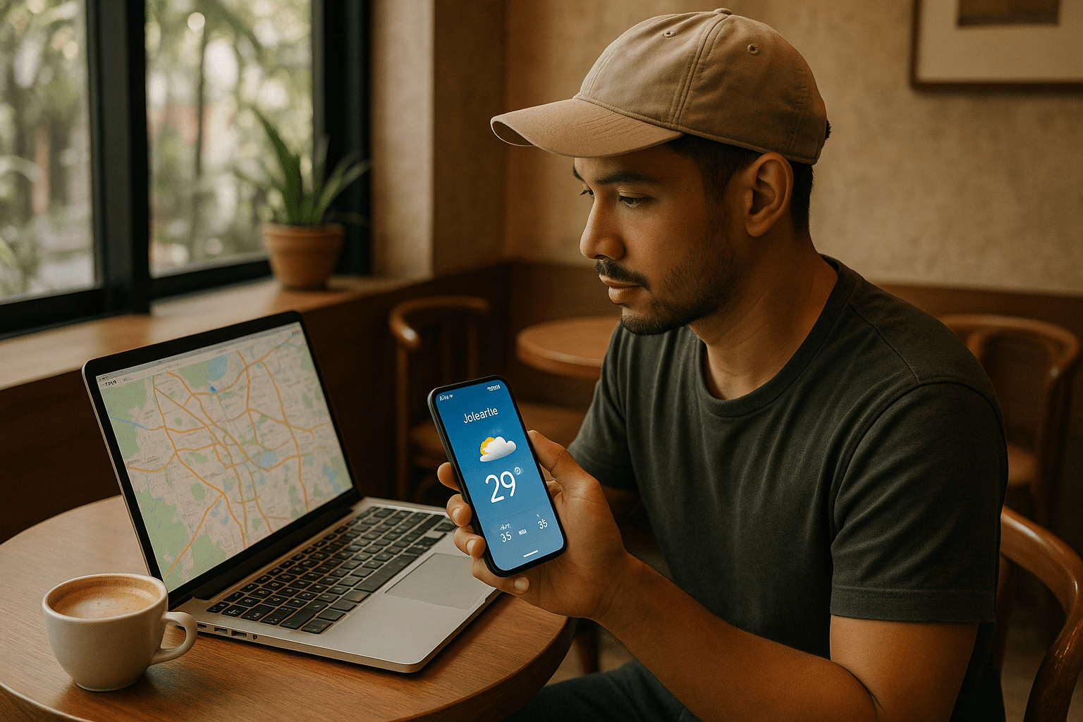Traveler at a Jakarta café using a laptop and smartphone, displaying digital maps and live weather updates via eSIM data — calm indoor scene representing modern connectivity