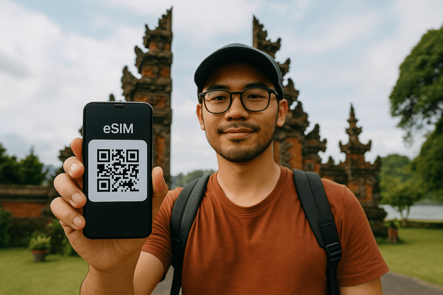 Digital traveler holding a smartphone with eSIM QR code displayed in front of an Indonesian temple; tech and travel lifestyle vibe.
