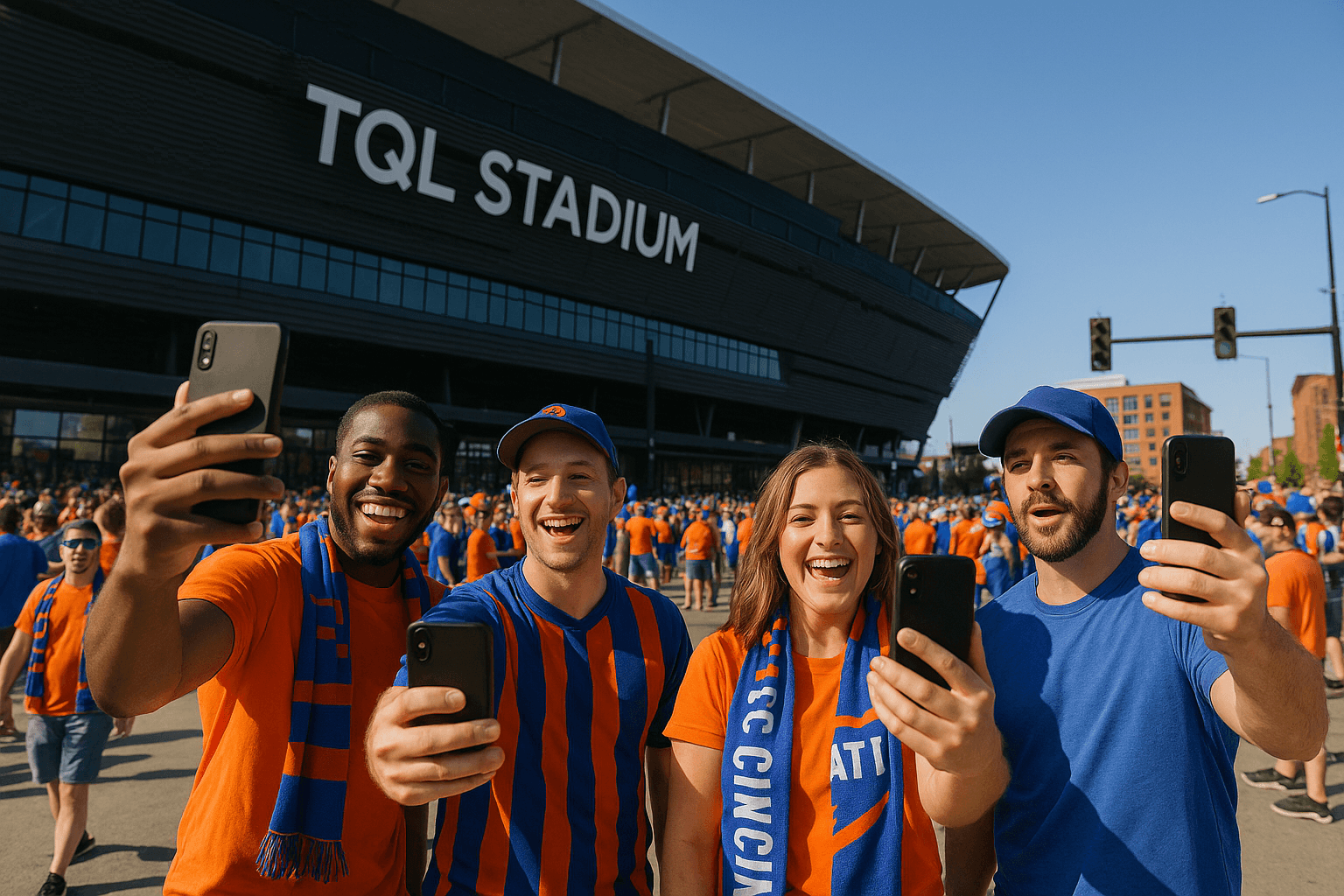 Soccer fans outside TQL Stadium taking selfies and streaming live content using eSIM connectivity; urban background, sunny day, and vibrant crowd atmosphere.