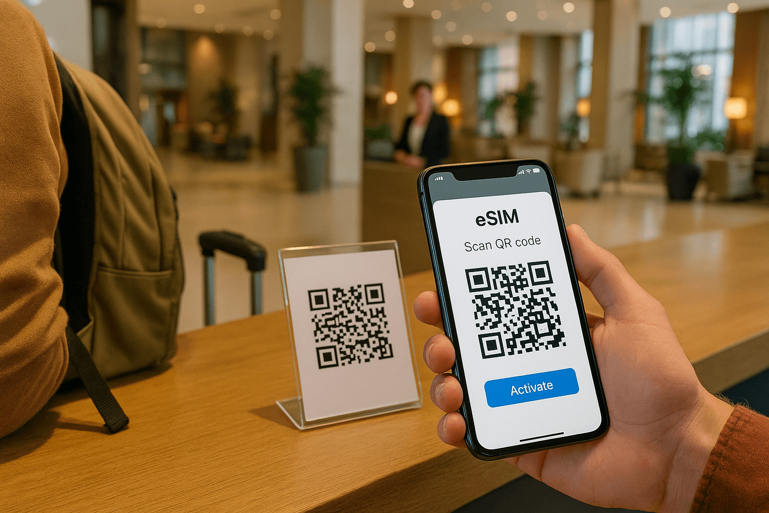 Traveler scanning QR code to activate eSIM in Bogotá hotel lobby, smartphone close-up, showing digital convenience and travel readiness.