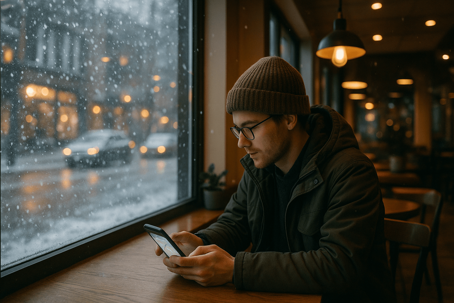 Traveler sitting in a Minneapolis café using smartphone for navigation while snow falls outside; cozy lighting and modern atmosphere highlighting mobile connectivity.