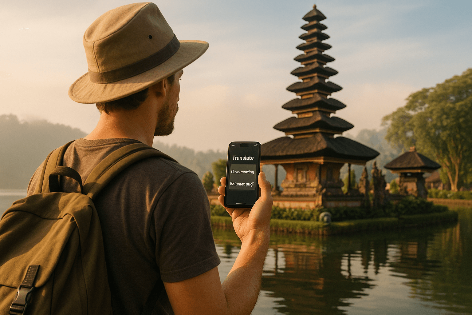Traveler holding a phone with a translation app open while standing near a Balinese temple, serene morning light and cultural atmosphere.