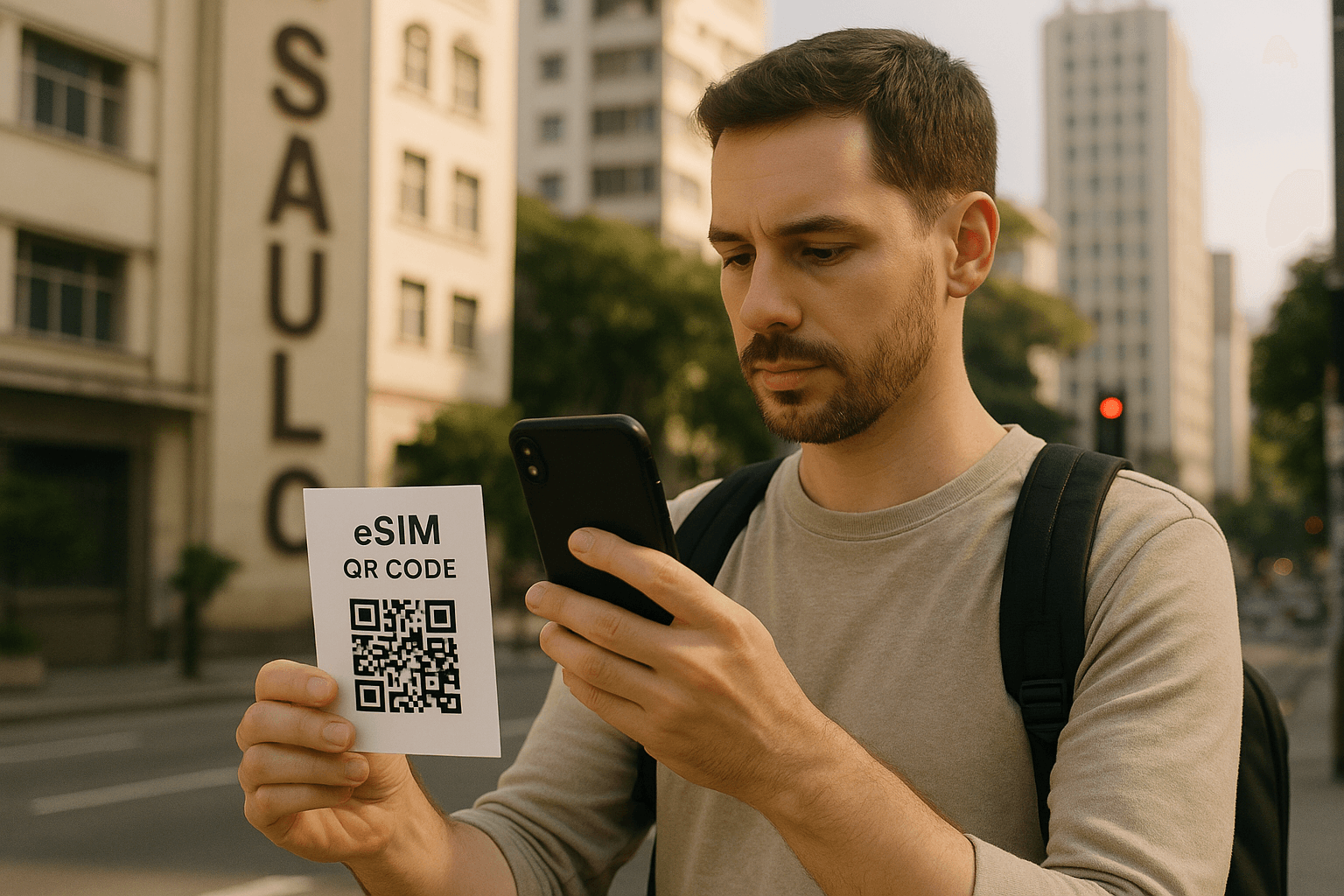 A traveler in São Paulo scanning an eSIM QR code on a phone, soft daylight, helpful and clear, focused on simple mobile setup