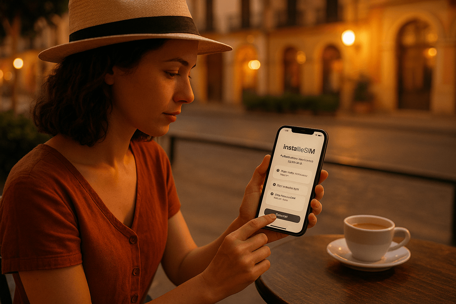 Traveler installing an eSIM on a smartphone while seated at a café in Seville, warm evening light, focused on simple and clear setup steps