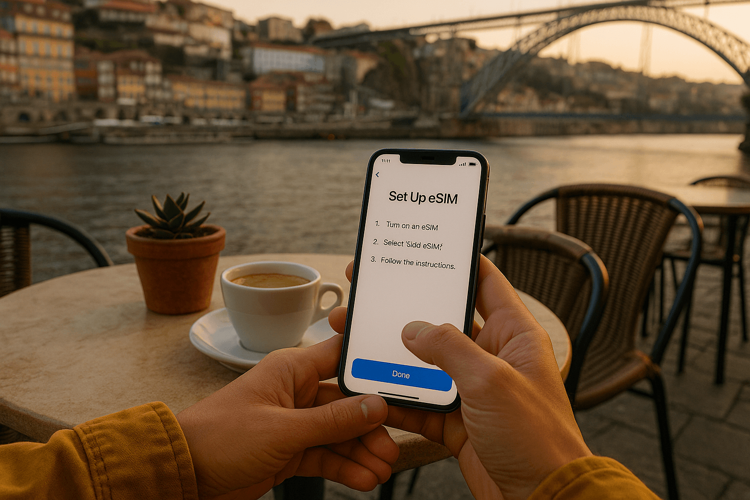 Traveler adjusting eSIM settings on a smartphone at a Jeddah café, warm evening light, calm atmosphere, focused on simple mobile setup