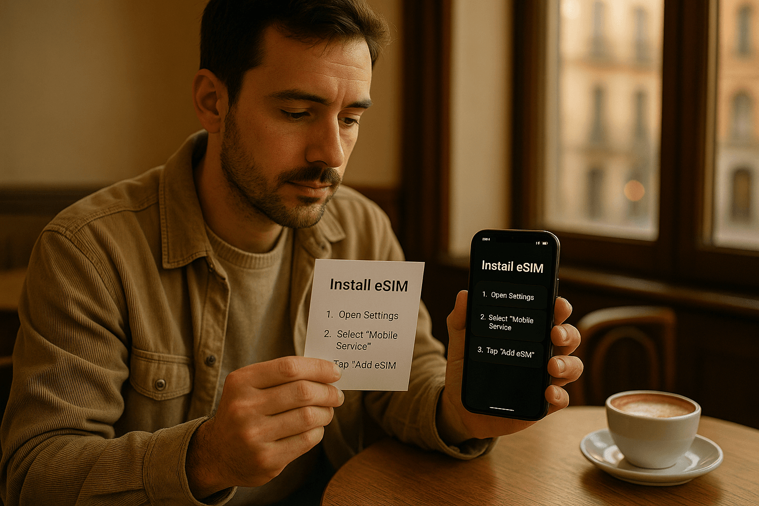 Traveler installing an eSIM on a smartphone while seated in a Madrid café, soft warm light, calm atmosphere, focused on simple setup steps