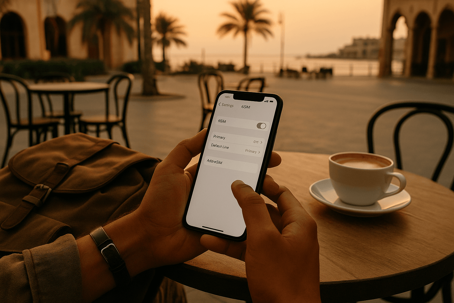 Traveler adjusting eSIM settings on a smartphone at a Porto café, soft evening light, clear composition, focused on simple setup steps