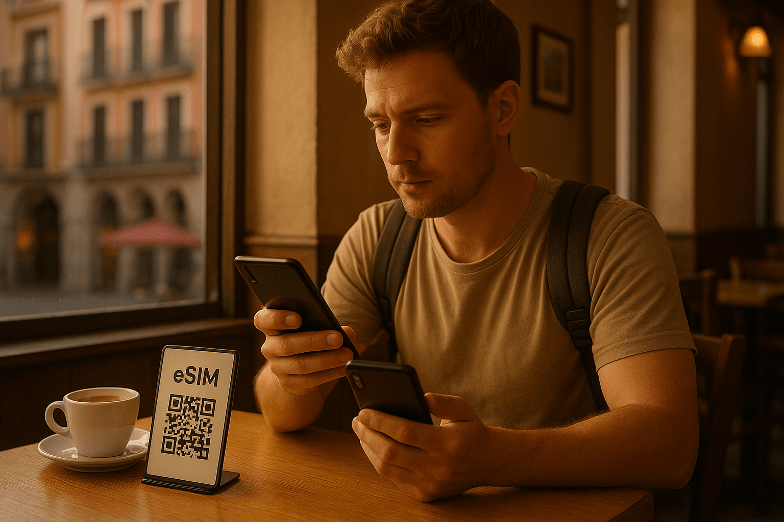 Traveler scanning an eSIM QR code on a smartphone in a Madrid café, soft evening light, calm atmosphere, focused on simple setup