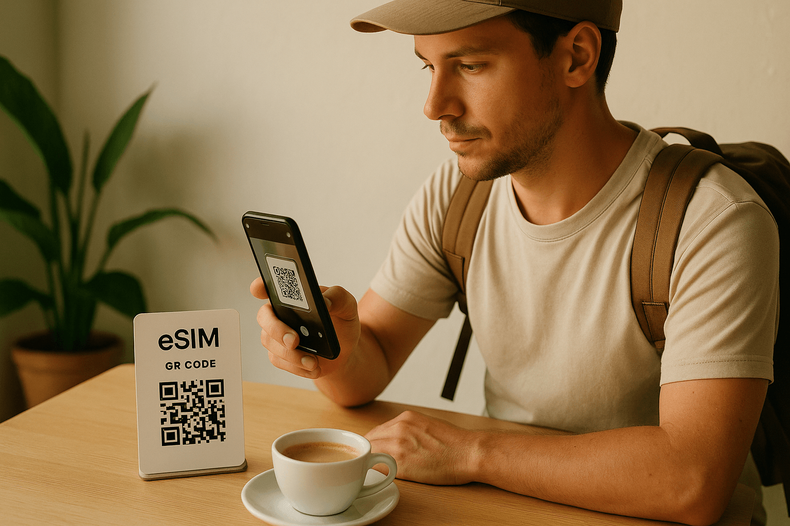 Traveler scanning an eSIM QR code at a café in Dili, soft afternoon light, minimal style, focused on simple and fast setup