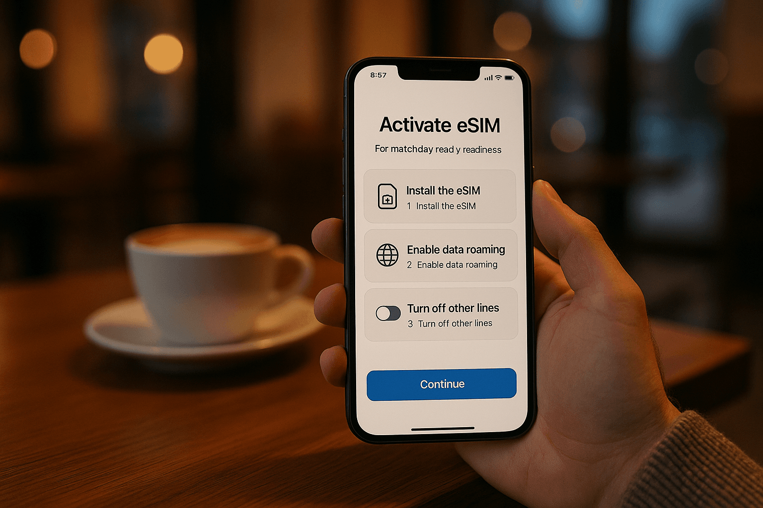 Close-up of a traveler’s phone showing eSIM activation screen inside a Riyadh café; soft evening tones, clean composition, emphasis on clear setup steps for matchday readiness