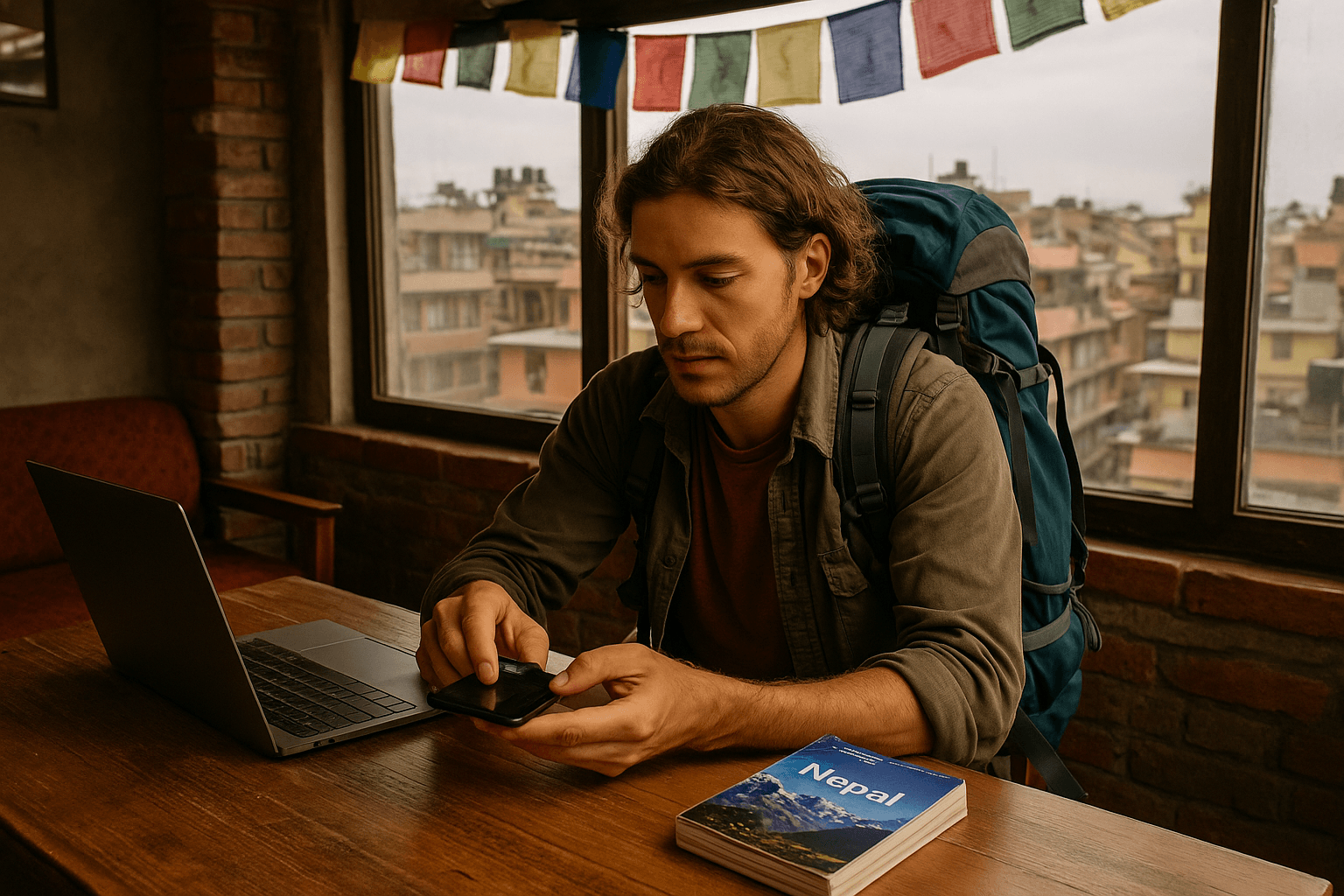 Backpacker Preparing for Trek