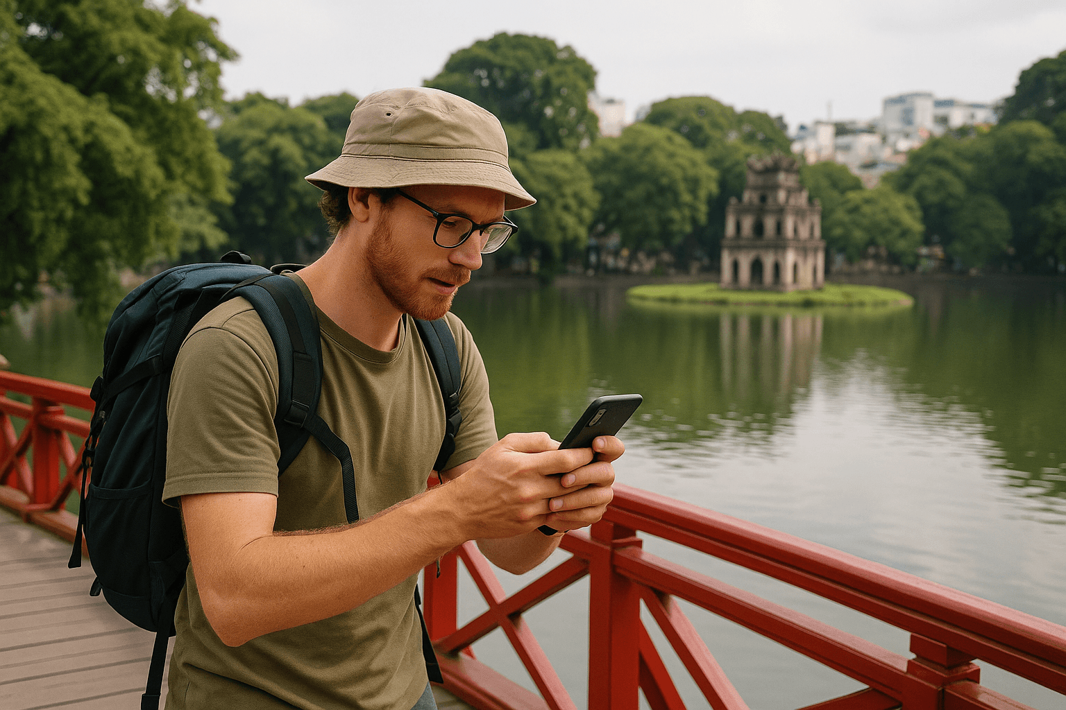 Traveler on Huc Bridge
