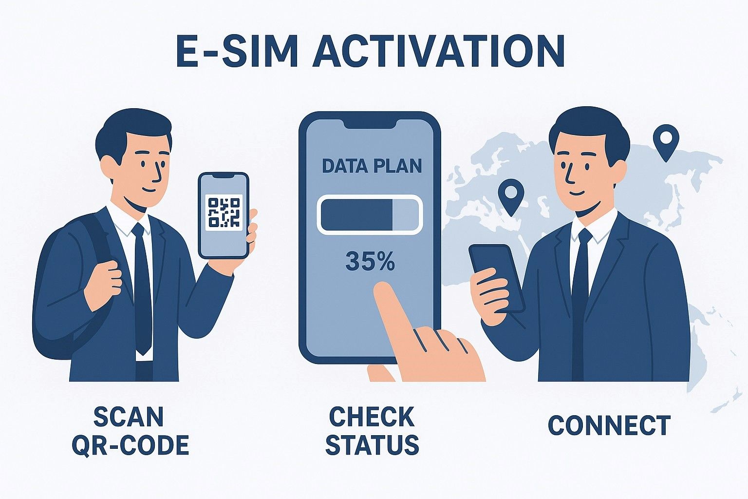 Infographic showing a professional traveler activating an eSIM by scanning a QR code