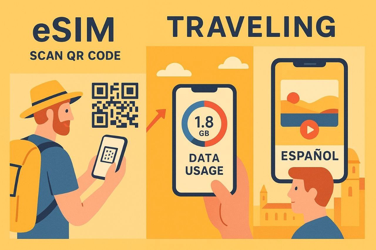 Infographic of a traveler scanning an eSIM QR code, checking data usage, and streaming Spanish content while traveling