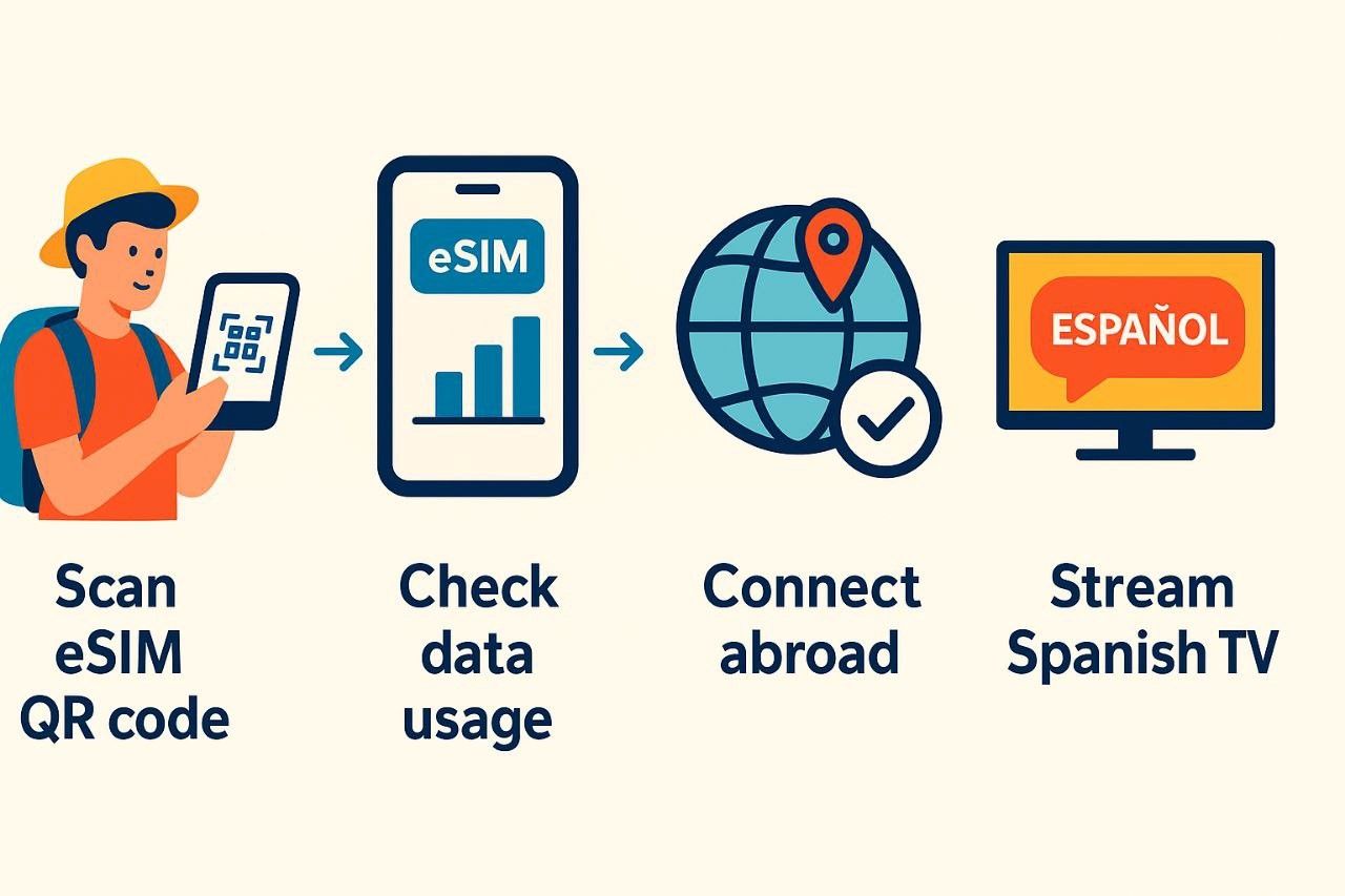 Colorful infographic showing a traveler scanning an eSIM QR code