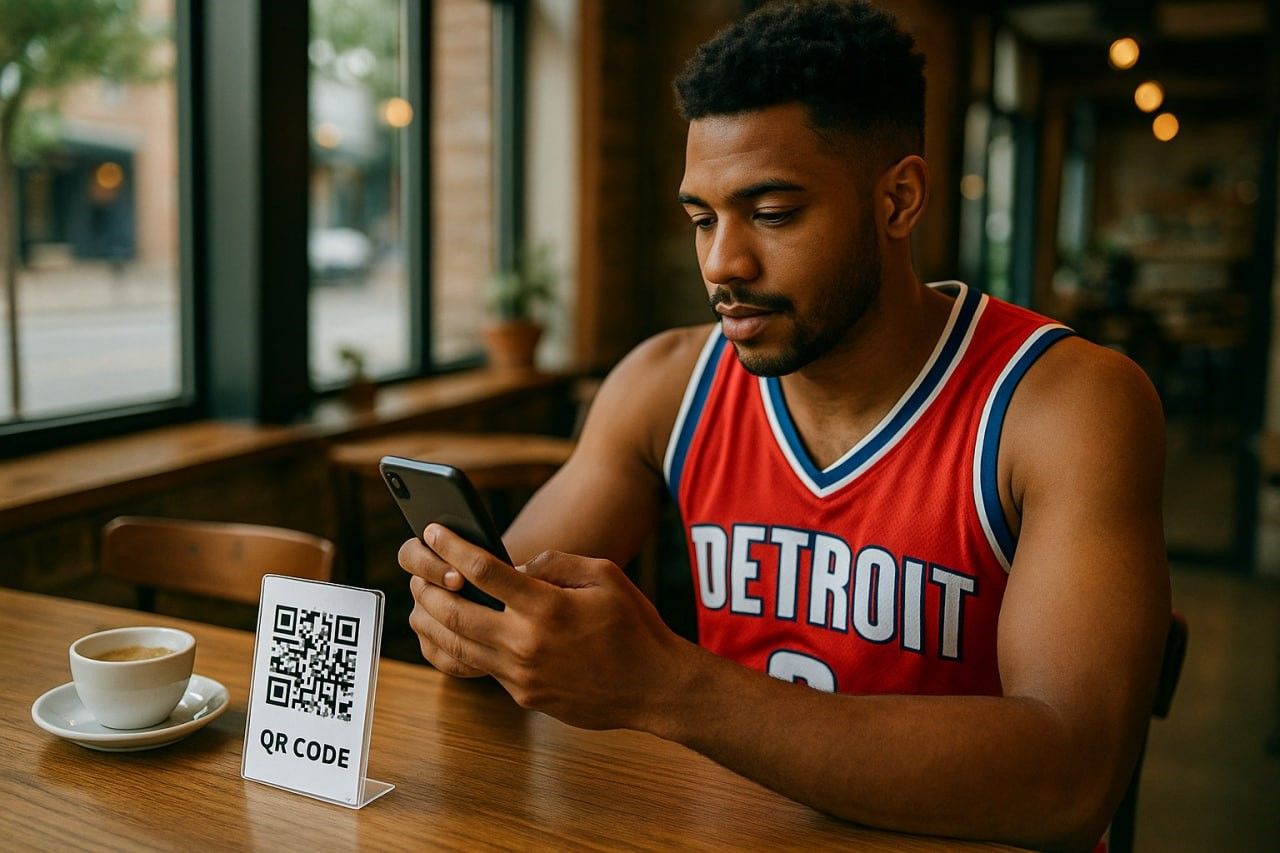 Traveler scanning a QR code on phone in Detroit café, basketball jersey visible