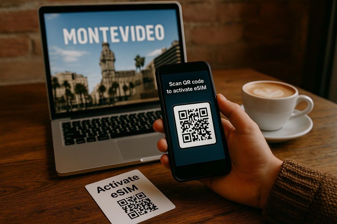Traveler scanning QR code to activate eSIM plan at Montevideo café