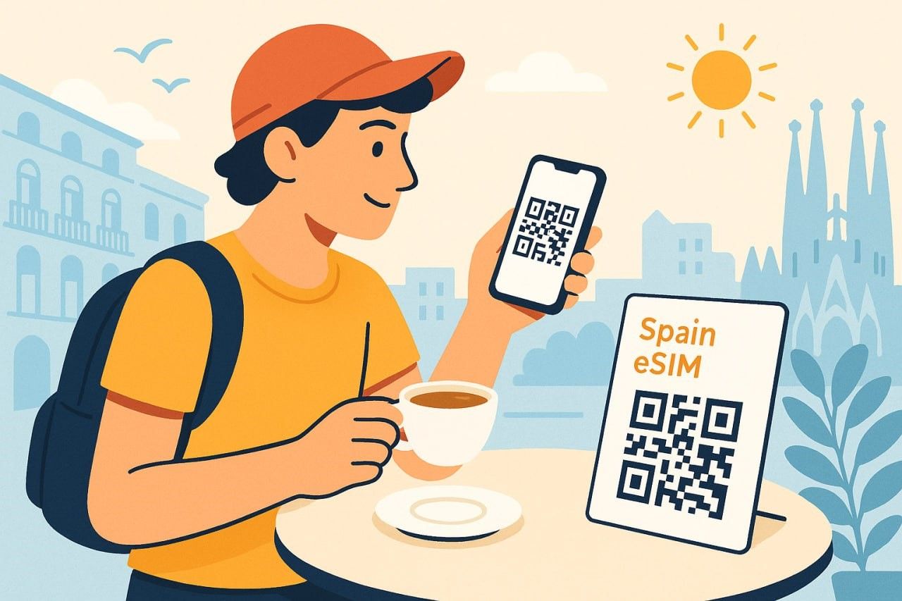 Illustration of a traveler scanning a QR code to activate a Spain eSIM while sipping coffee at a Barcelona café