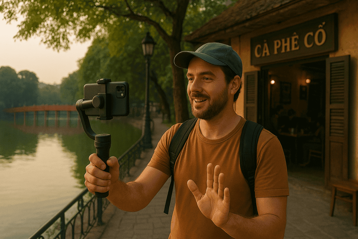 Photographer livestreaming near Hoan Kiem Lake with smartphone on gimbal