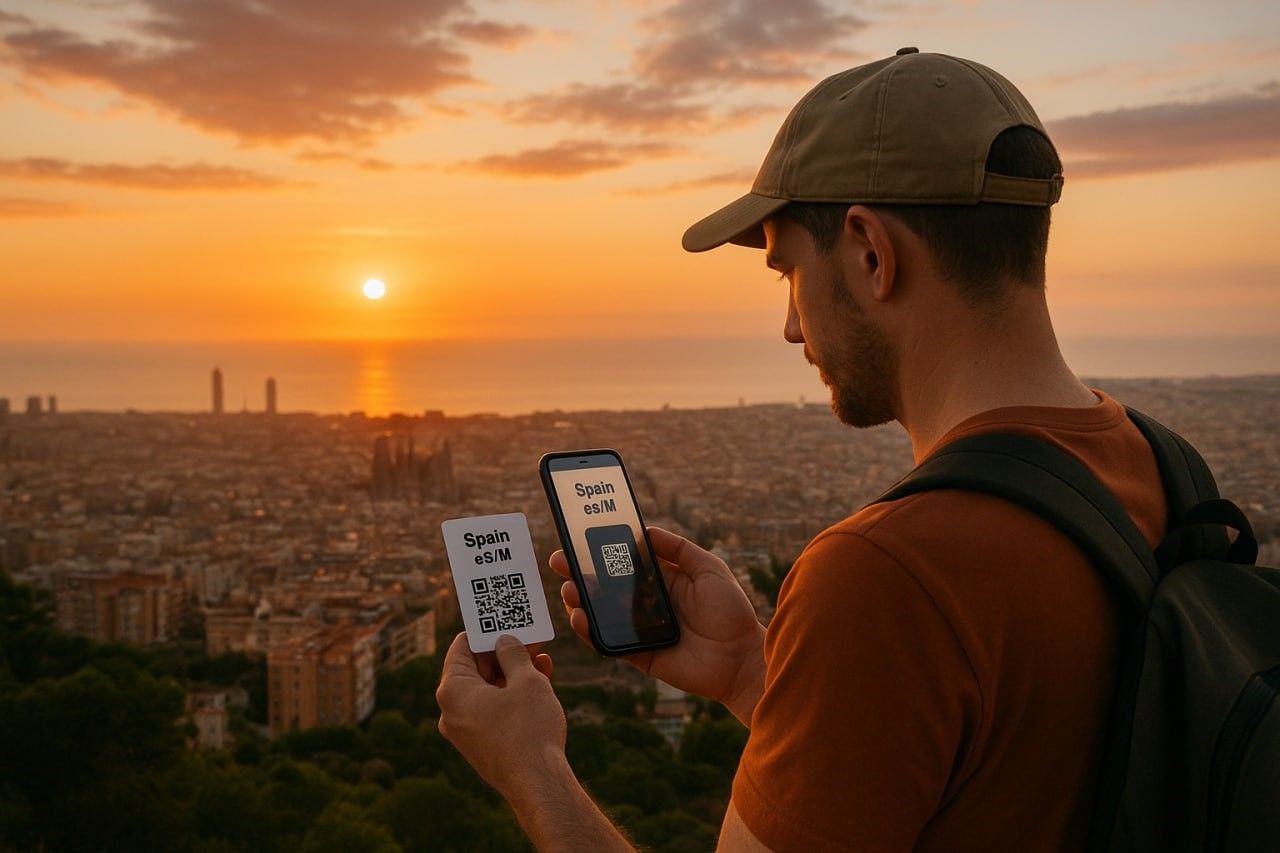 Traveler scanning QR code to install Spain eSIM on smartphone