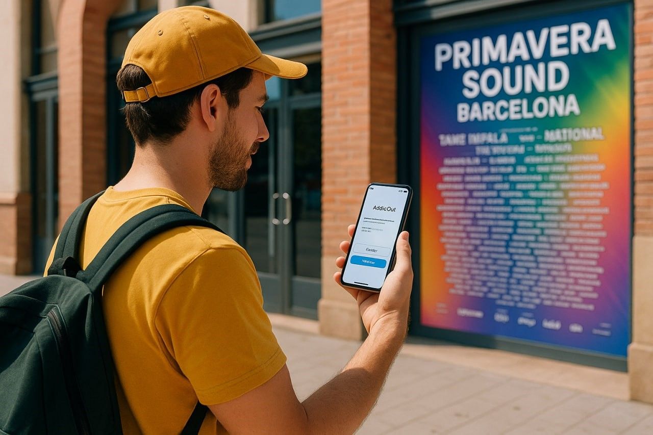 Traveler activating eSIM on smartphone outside Barcelona concert venue