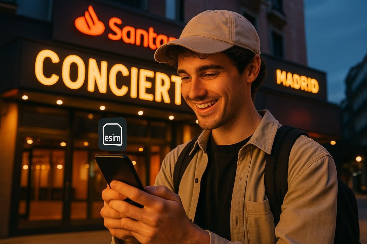 Young traveler activating eSIM on smartphone outside Madrid music venue, twilight tones