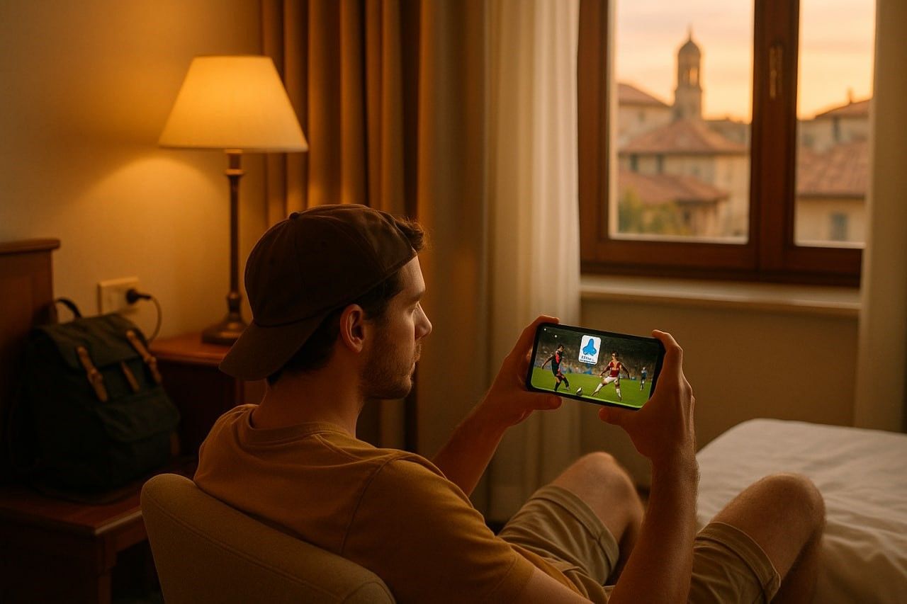 Young traveler using smartphone to stream Italian football in a European hotel room