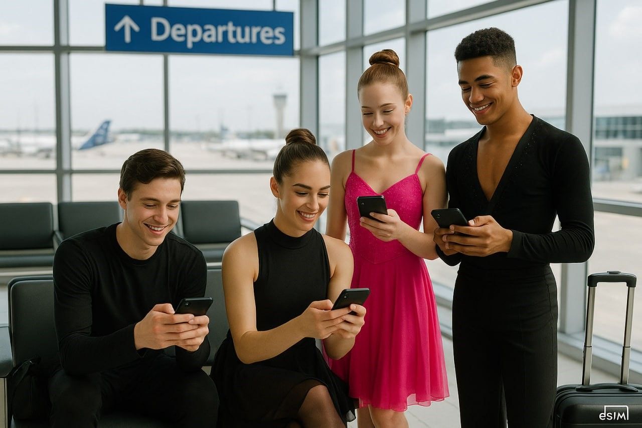 Traveling dance team using smartphones in airport lounge, connected via eSIM,