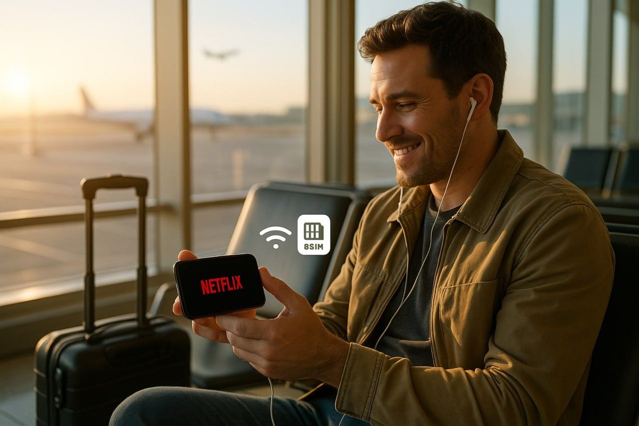 Traveler sitting at airport lounge watching show on smartphone using active eSIM data connection