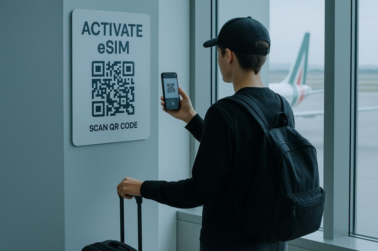 A traveler scanning a QR code to activate an eSIM before boarding a flight to Italy