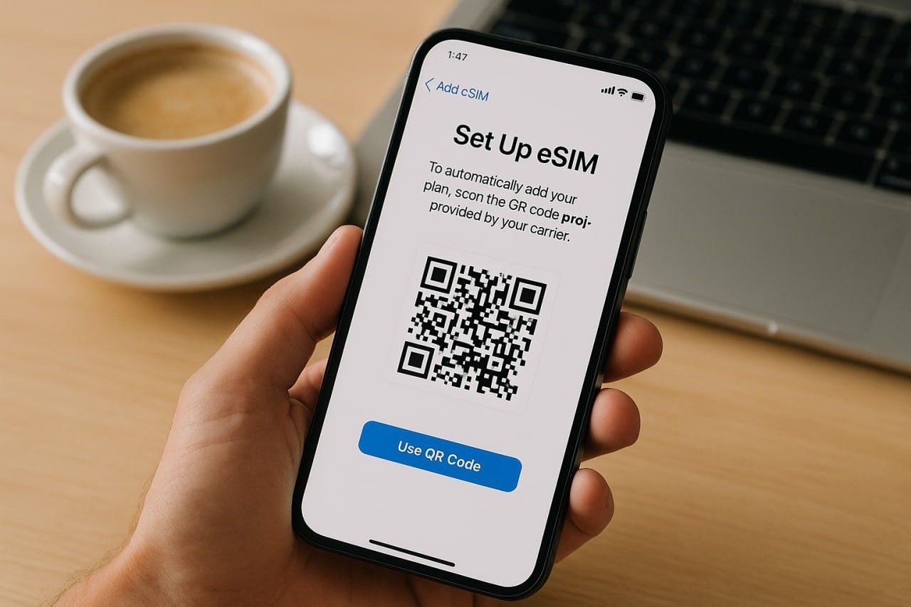 Close-up of smartphone showing eSIM QR setup screen beside coffee and laptop