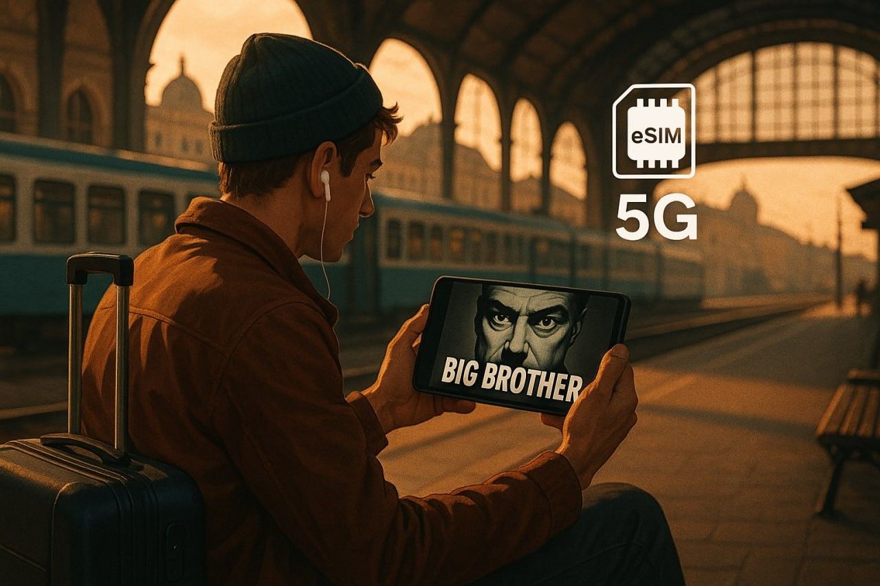 Illustration of a traveler watching Big Brother on a smartphone while sitting at a train station in Europe