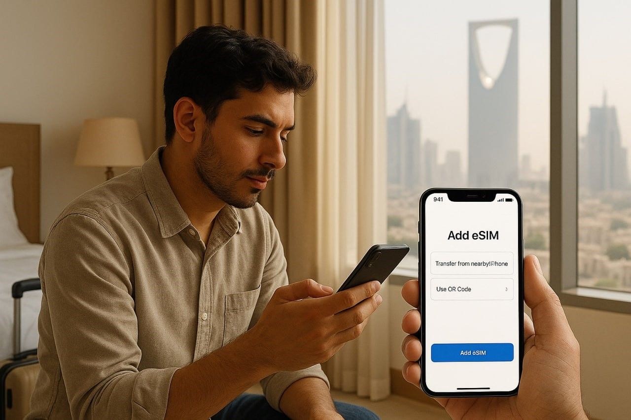 Traveler activating an eSIM on a smartphone in a Riyadh hotel room