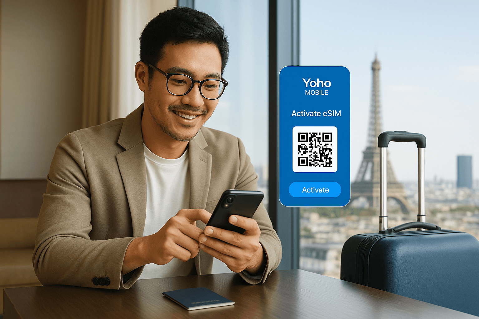 Remote worker activating eSIM in hotel lobby