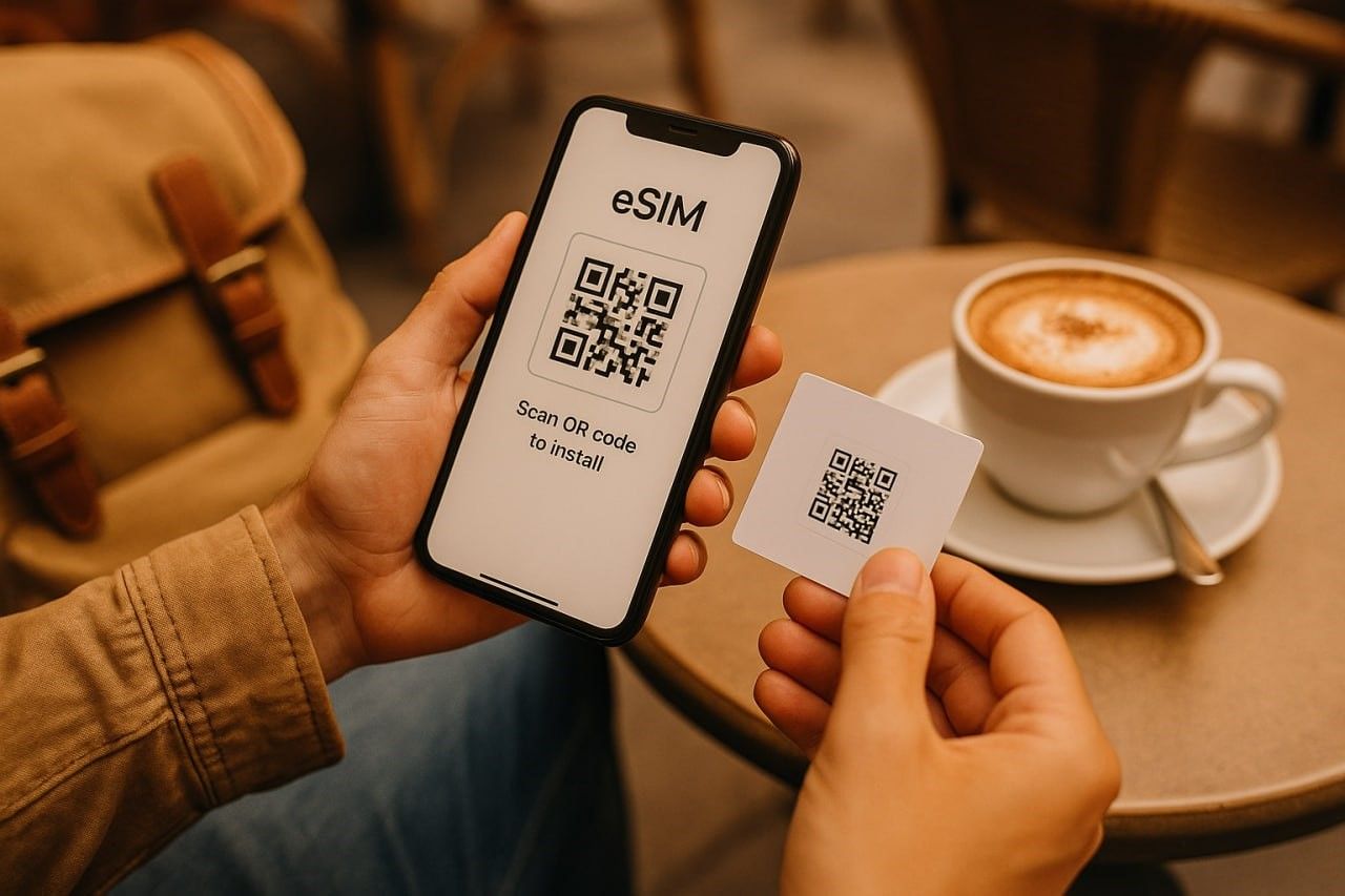 Close-up of a traveler scanning a QR code to install an eSIM on a smartphone